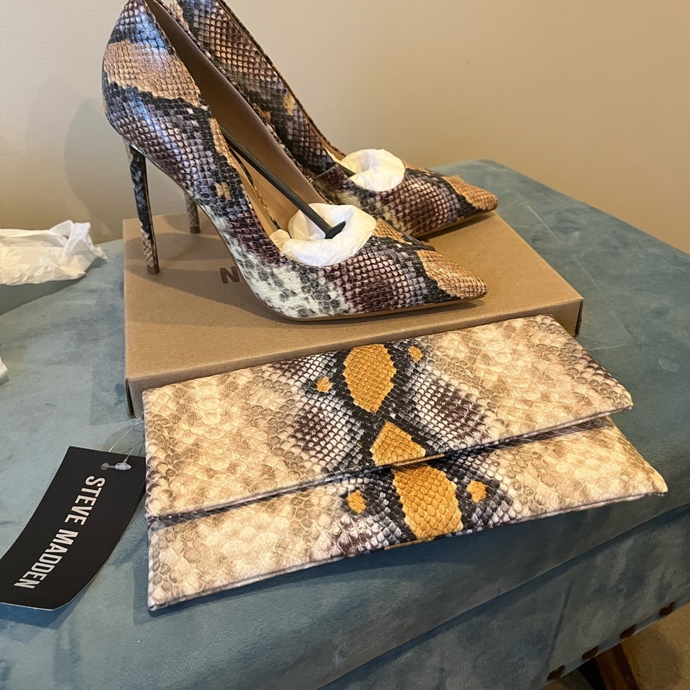Steve Madden Multicolor Snake Print Heels and Clutch